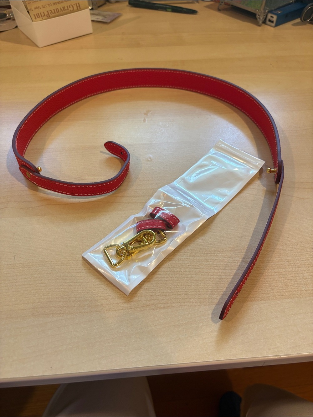 Red Leather Shoulder Bag Strap with Gold Hardware